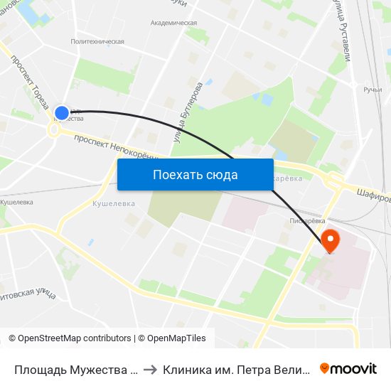 Площадь Мужества (Ploschad' Muzhestva) to Клиника им. Петра Великого Сзгму им. Мечникова map