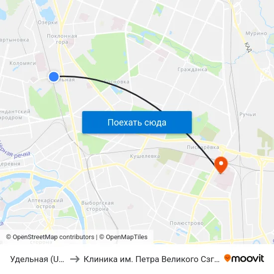 Удельная (Udel'Naya) to Клиника им. Петра Великого Сзгму им. Мечникова map