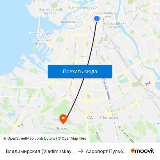 Владимирская (Vladimirskaya) to Аэропорт Пулково map