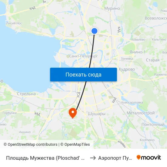 Площадь Мужества (Ploschad' Muzhestva) to Аэропорт Пулково map