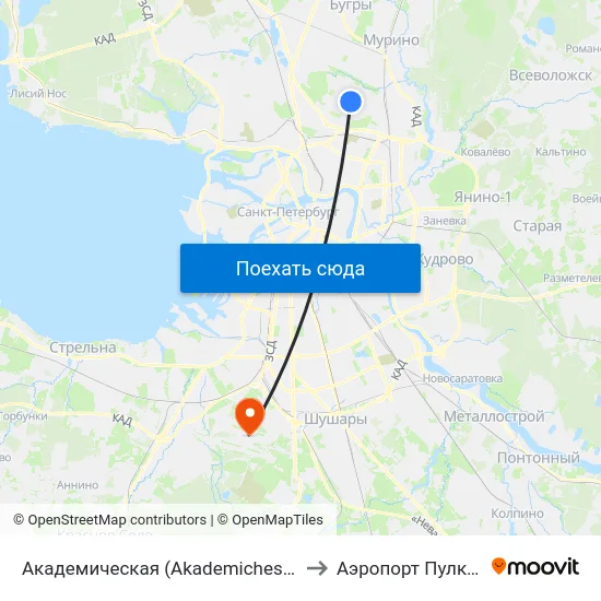 Академическая (Akademicheskaya) to Аэропорт Пулково map