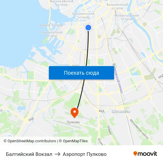 Балтийский Вокзал to Аэропорт Пулково map