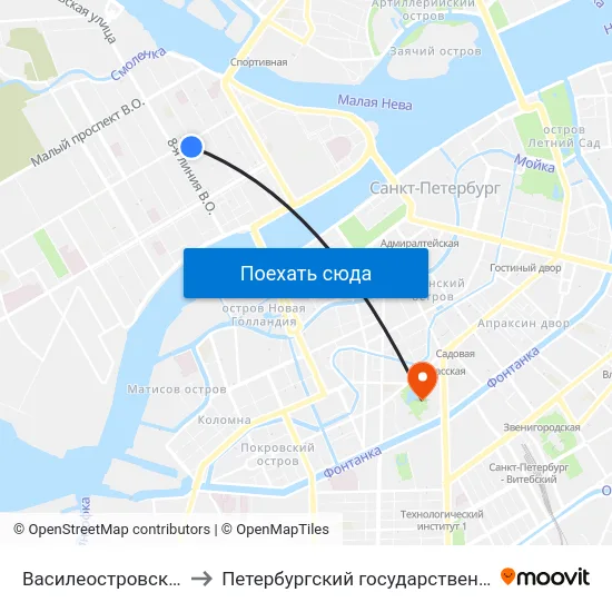 Василеостровская (Vasileostrovskaya) to Петербургский государственный университет путей сообщения map