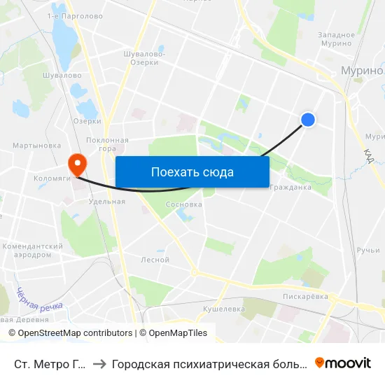 Ст. Метро Гражданский Пр. to Городская психиатрическая больница № 3 им. И.И. Скворцова-Степанова map