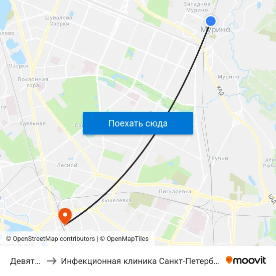 Девяткино (Devyatkino) to Инфекционная клиника Санкт-Петербургского Государственного Педиатрического Медицинского Университета map