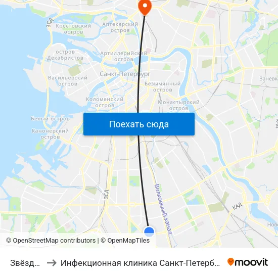 Звёздная (Zvyozdnaya) to Инфекционная клиника Санкт-Петербургского Государственного Педиатрического Медицинского Университета map