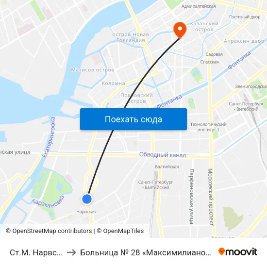 Ст.М. Нарвская to Больница № 28 «Максимилиановская» map