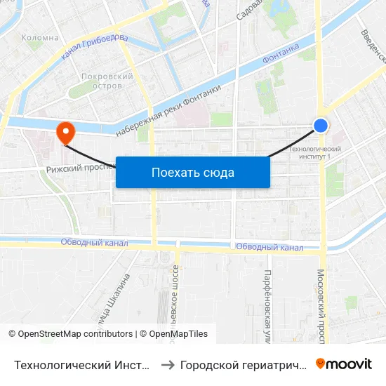 Технологический Институт - 1 (Tekhnologicheskiy Institut - 1) to Городской гериатрический медико-социальный центр map