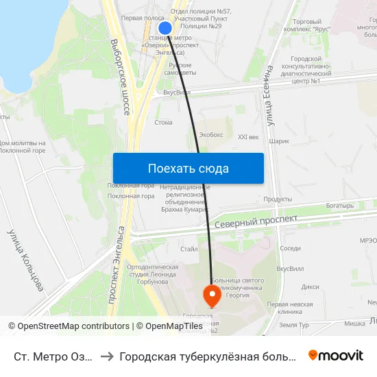 Ст. Метро Озерки to Городская туберкулёзная больница №2 map