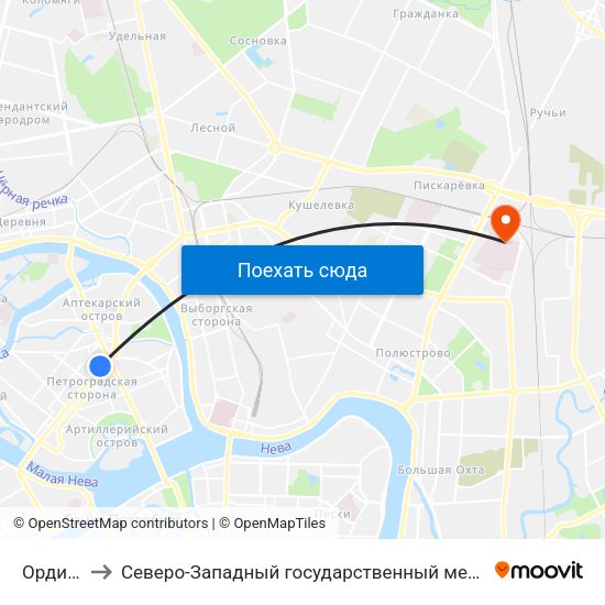 Ординарная Ул. to Северо-Западный государственный медицинский университет имени Ильи Ильича Мечникова map