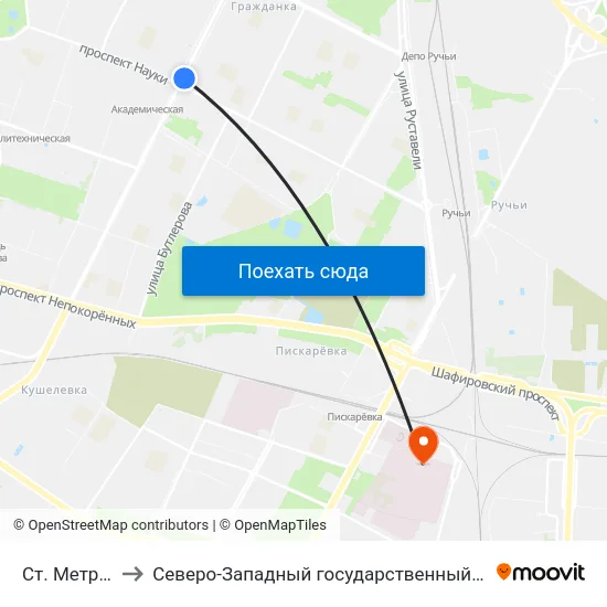 Ст. Метро Академическая to Северо-Западный государственный медицинский университет имени Ильи Ильича Мечникова map