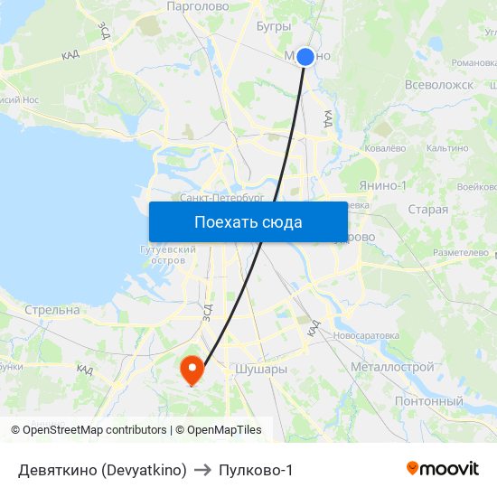 Девяткино (Devyatkino) to Пулково-1 map