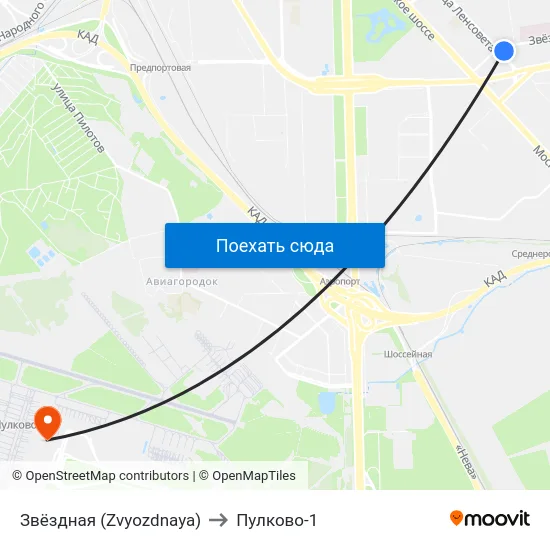 Звёздная (Zvyozdnaya) to Пулково-1 map