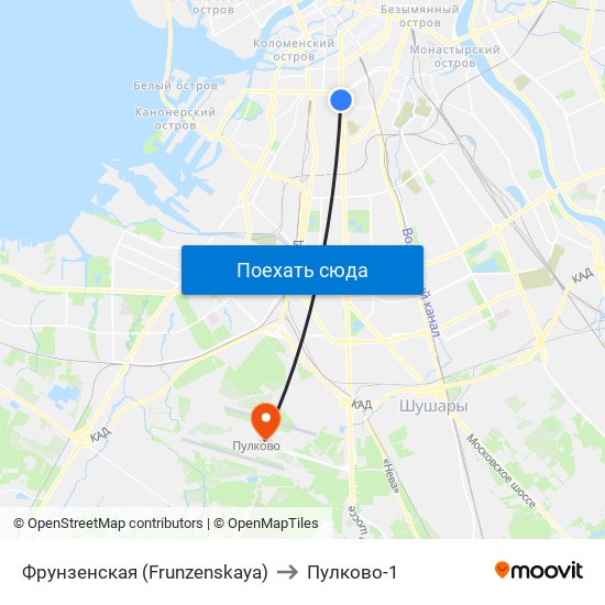 Фрунзенская (Frunzenskaya) to Пулково-1 map