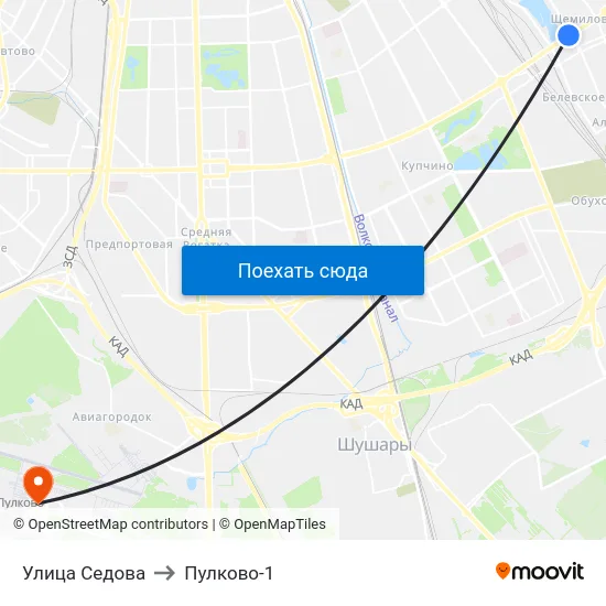 Улица Седова to Пулково-1 map