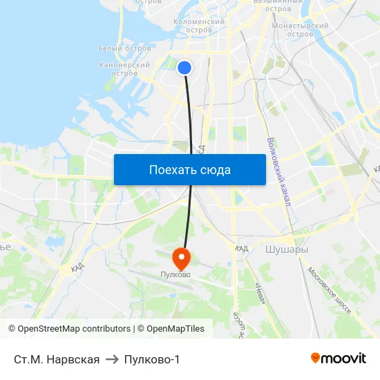 Ст.М. Нарвская to Пулково-1 map