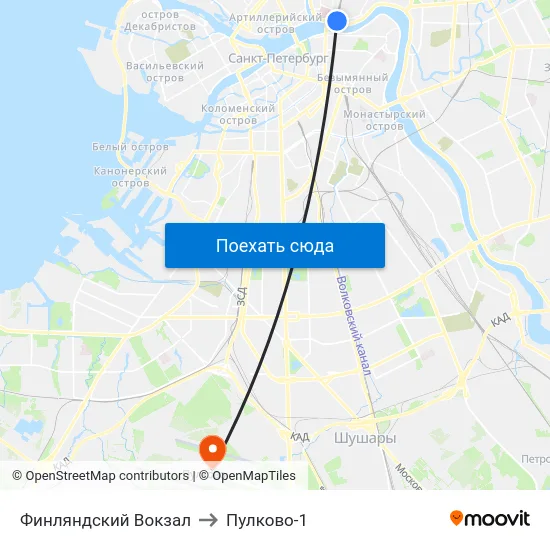 Финляндский Вокзал to Пулково-1 map