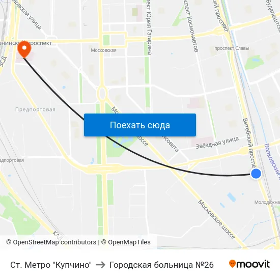 Ст. Метро "Купчино" to Городская больница №26 map