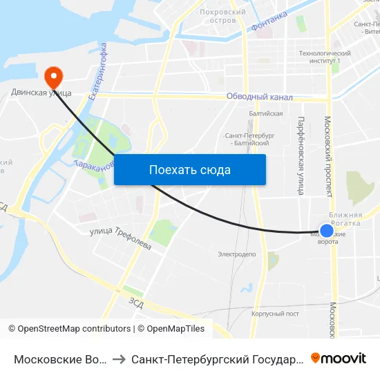 Московские Ворота (Moskovskiye Vorota) to Санкт-Петербургский Государственный Университет Водных Коммуникаций map