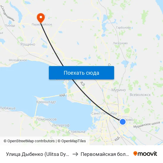 Улица Дыбенко (Ulitsa Dybenko) to Первомайская больница map
