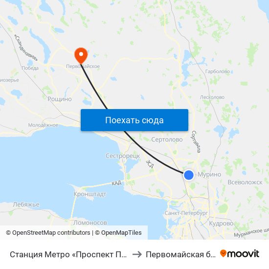 Станция Метро «Проспект Просвещения» to Первомайская больница map