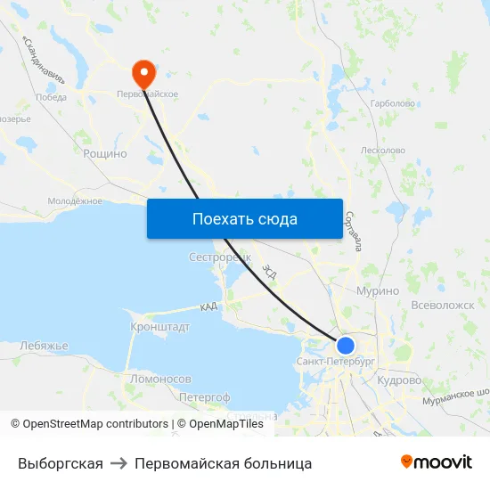 Выборгская to Первомайская больница map