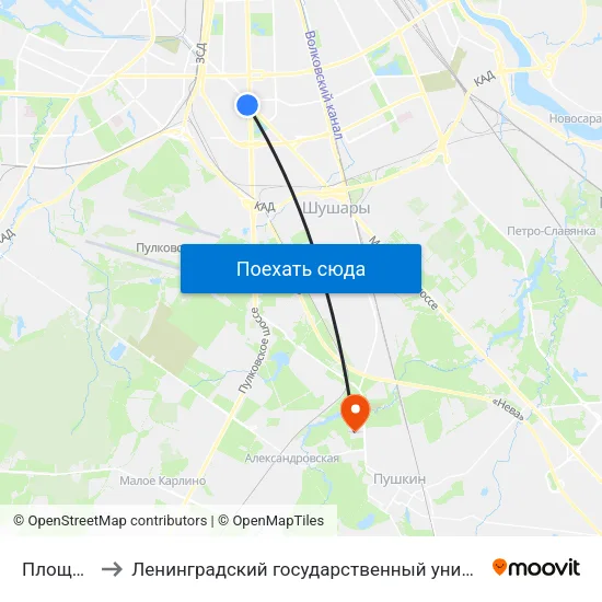 Площадь Победы to Ленинградский государственный университет имени Александра Сергеевича Пушкина map