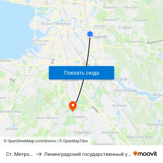 Ст. Метро Пр. Большевиков to Ленинградский государственный университет имени Александра Сергеевича Пушкина map