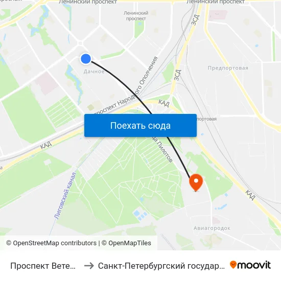Проспект Ветеранов (Prospekt Veteranov) to Санкт-Петербургский государственный университет гражданской авиации map