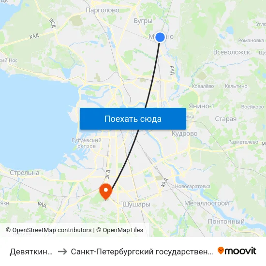 Девяткино (Devyatkino) to Санкт-Петербургский государственный университет гражданской авиации map