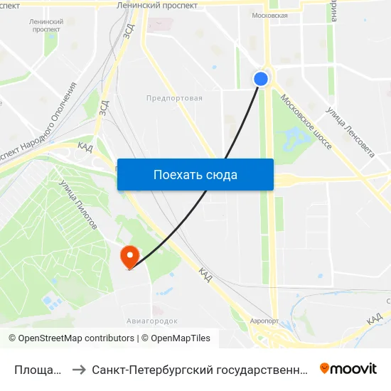Площадь Победы to Санкт-Петербургский государственный университет гражданской авиации map