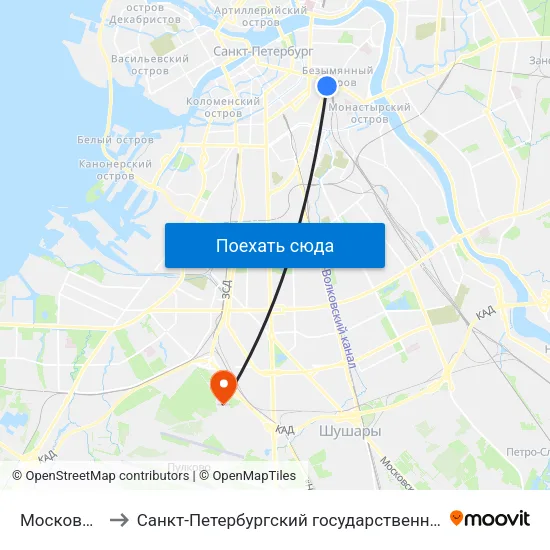 Московский Вокзал to Санкт-Петербургский государственный университет гражданской авиации map