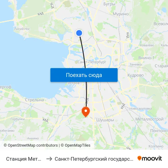Станция Метро Комендантский Пр. to Санкт-Петербургский государственный университет гражданской авиации map