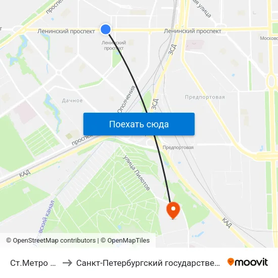 Ст.Метро Ленинский Пр. to Санкт-Петербургский государственный университет гражданской авиации map