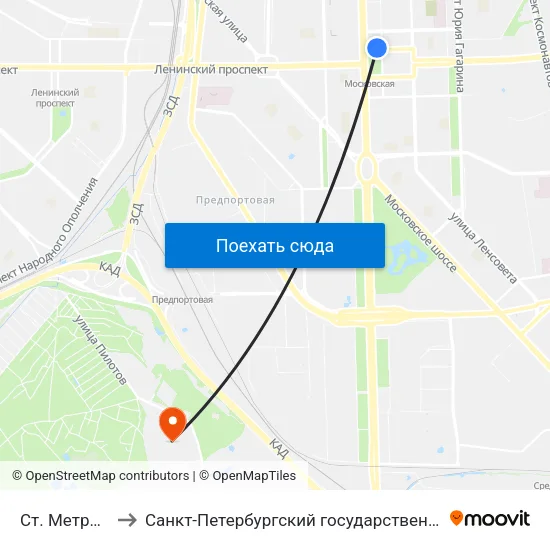 Ст. Метро Московская to Санкт-Петербургский государственный университет гражданской авиации map