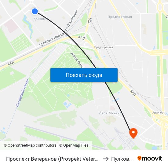 Проспект Ветеранов (Prospekt Veteranov) to Пулково-2 map