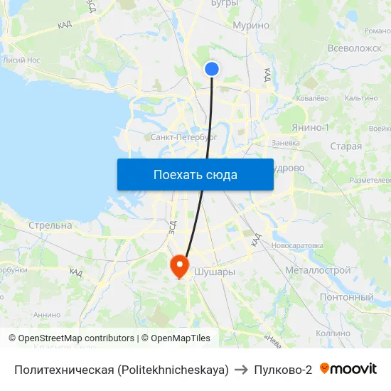 Политехническая (Politekhnicheskaya) to Пулково-2 map