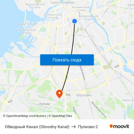 Обводный Канал (Obvodny Kanal) to Пулково-2 map