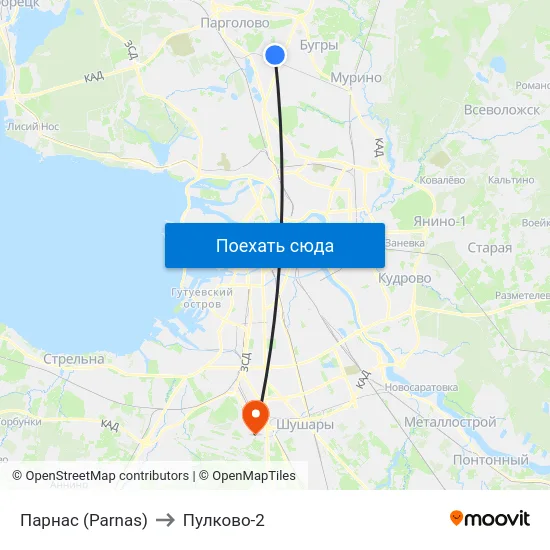 Парнас (Parnas) to Пулково-2 map