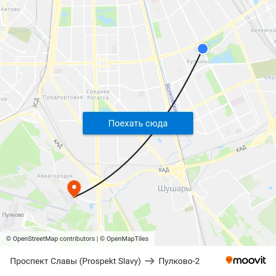 Проспект Славы (Prospekt Slavy) to Пулково-2 map