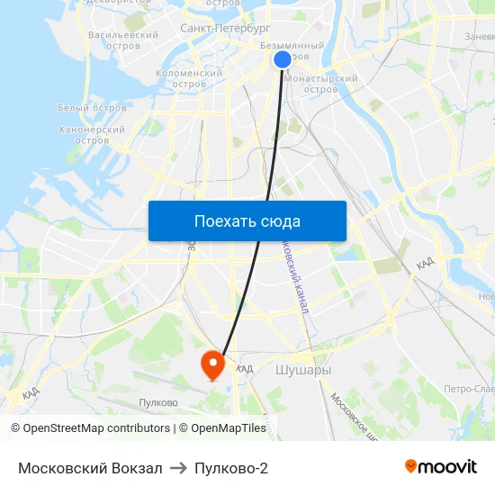 Московский Вокзал to Пулково-2 map