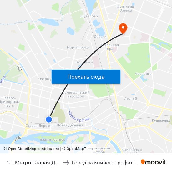 Ст. Метро Старая Деревня Посадка to Городская многопрофильная больница №2 map