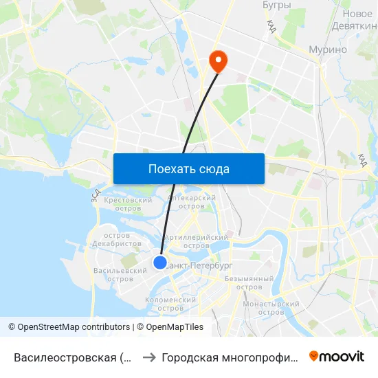 Василеостровская (Vasileostrovskaya) to Городская многопрофильная больница №2 map