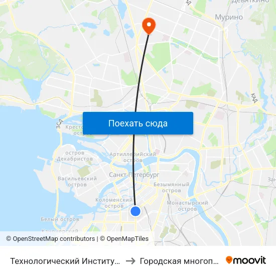 Технологический Институт - 1 (Tekhnologicheskiy Institut - 1) to Городская многопрофильная больница №2 map