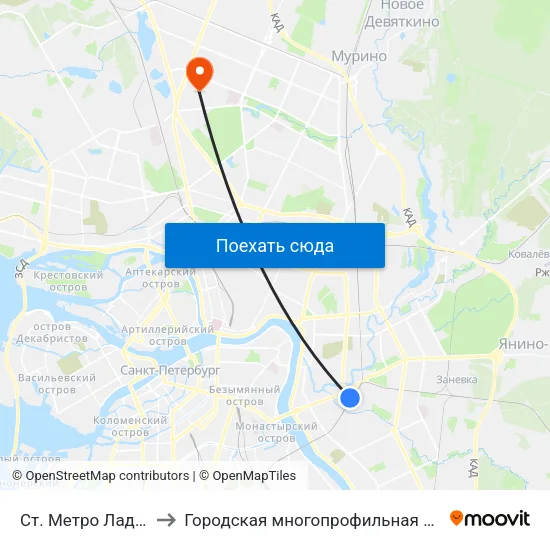 Ст. Метро Ладожская to Городская многопрофильная больница №2 map