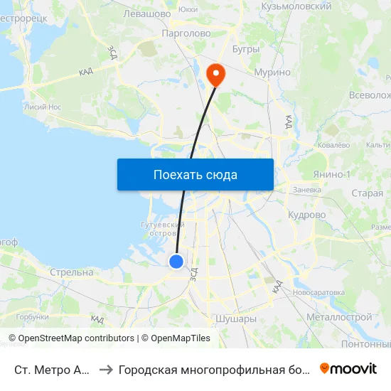 Ст. Метро Автово to Городская многопрофильная больница №2 map