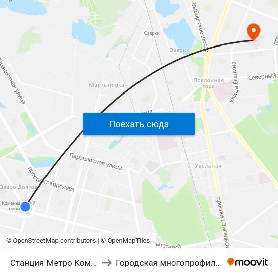 Станция Метро Комендантский Пр. to Городская многопрофильная больница №2 map