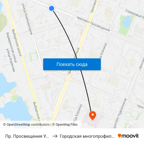 Пр. Просвещения Уг. Ул. Симонова to Городская многопрофильная больница №2 map
