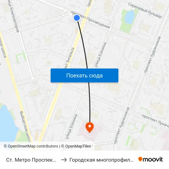Ст. Метро Проспект Просвещения to Городская многопрофильная больница №2 map