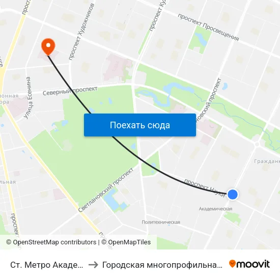 Ст. Метро Академическая to Городская многопрофильная больница №2 map